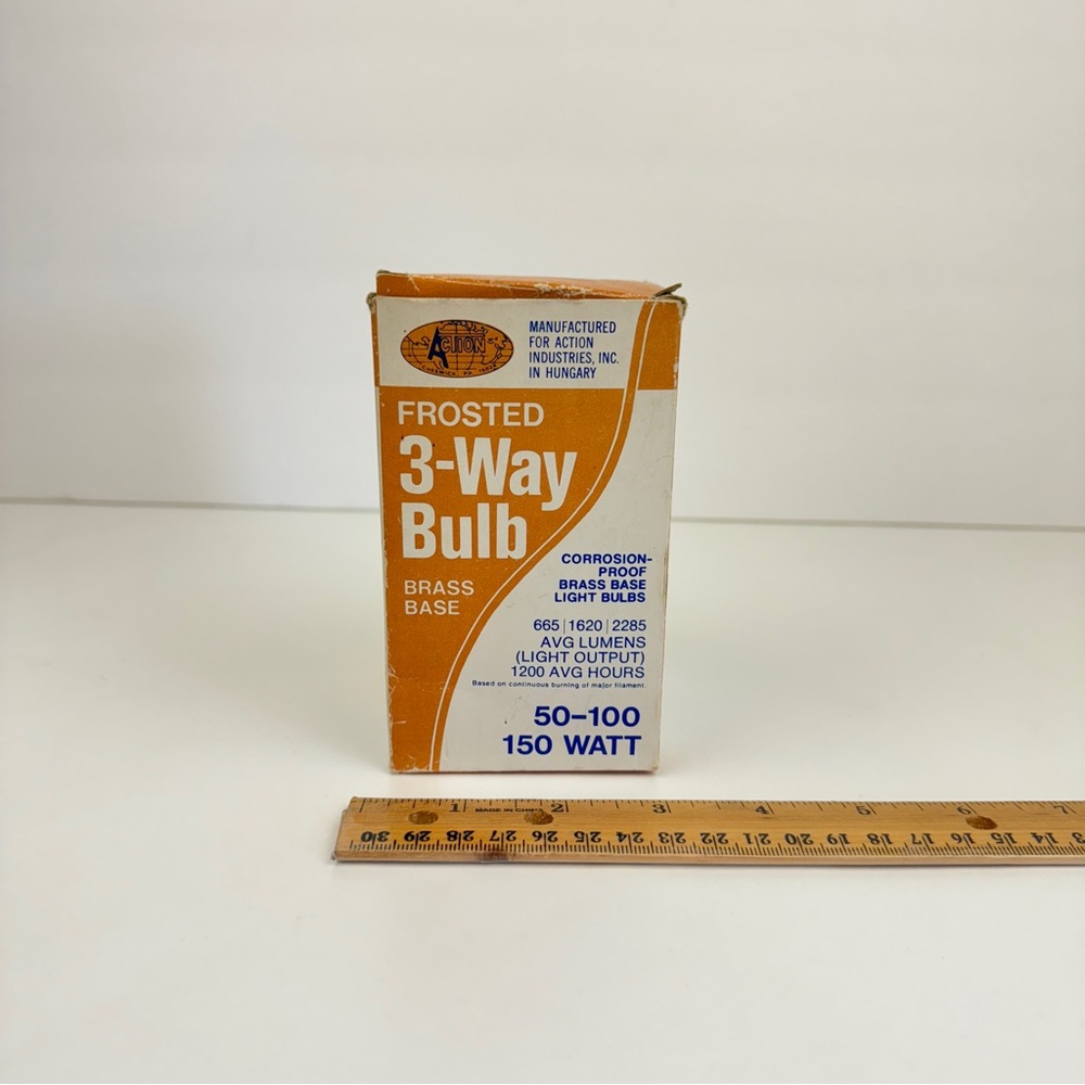 Vtg Untested Action Brand 1974 Frosted 3 Way Bulb Brass Base w Box Prop Movie TV